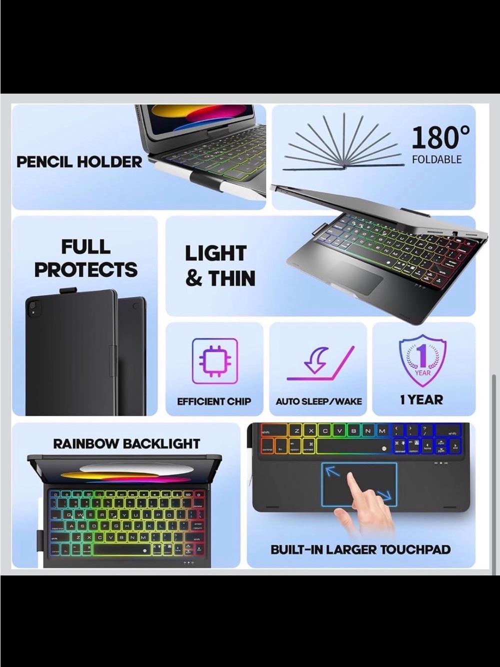 Keyboard Case for iPad 10/11th Gen - 360° Swivel, Backlit, Trackpad - New in Box - Picture 4 of 8